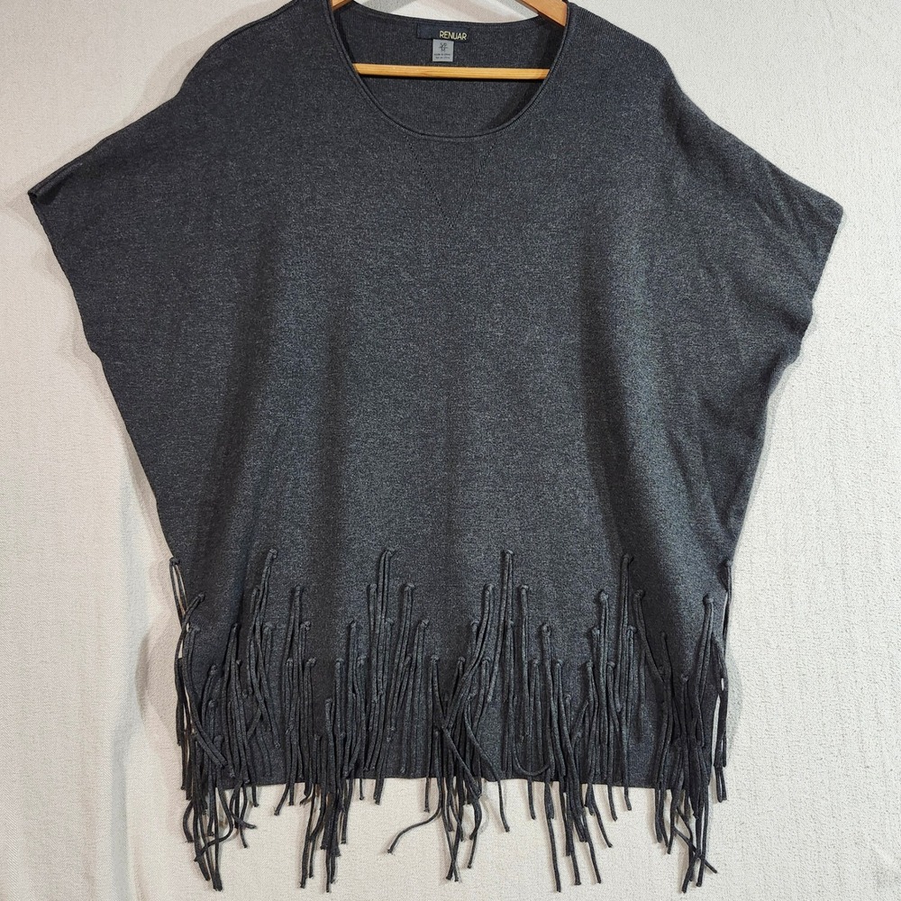 Renwar Gray Fringe Hem Dolman Sleeve Knit Top T-Shirt S/M‎ Viscose Soft Fun Chic